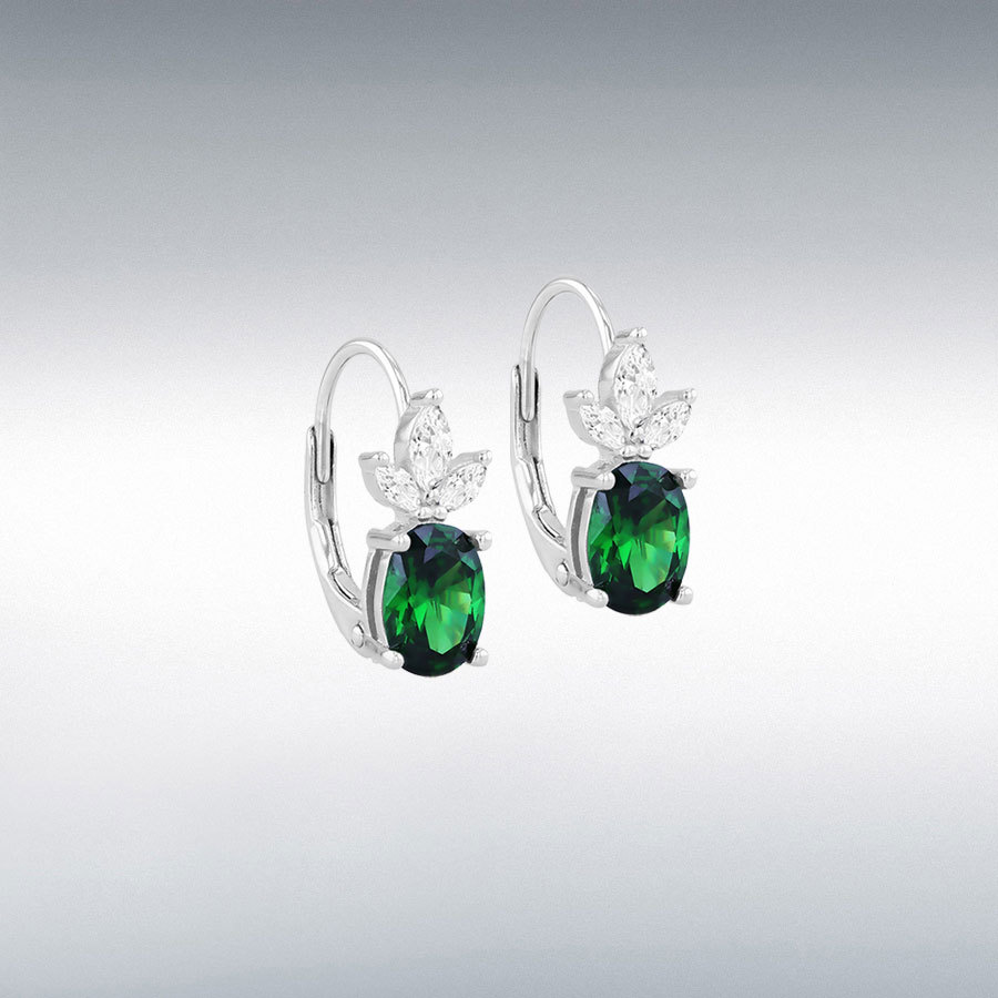 Sterling Silver Rhodium Plated 5x7mm Green Oval CZ and White Marquise CZ Lever Back Earring