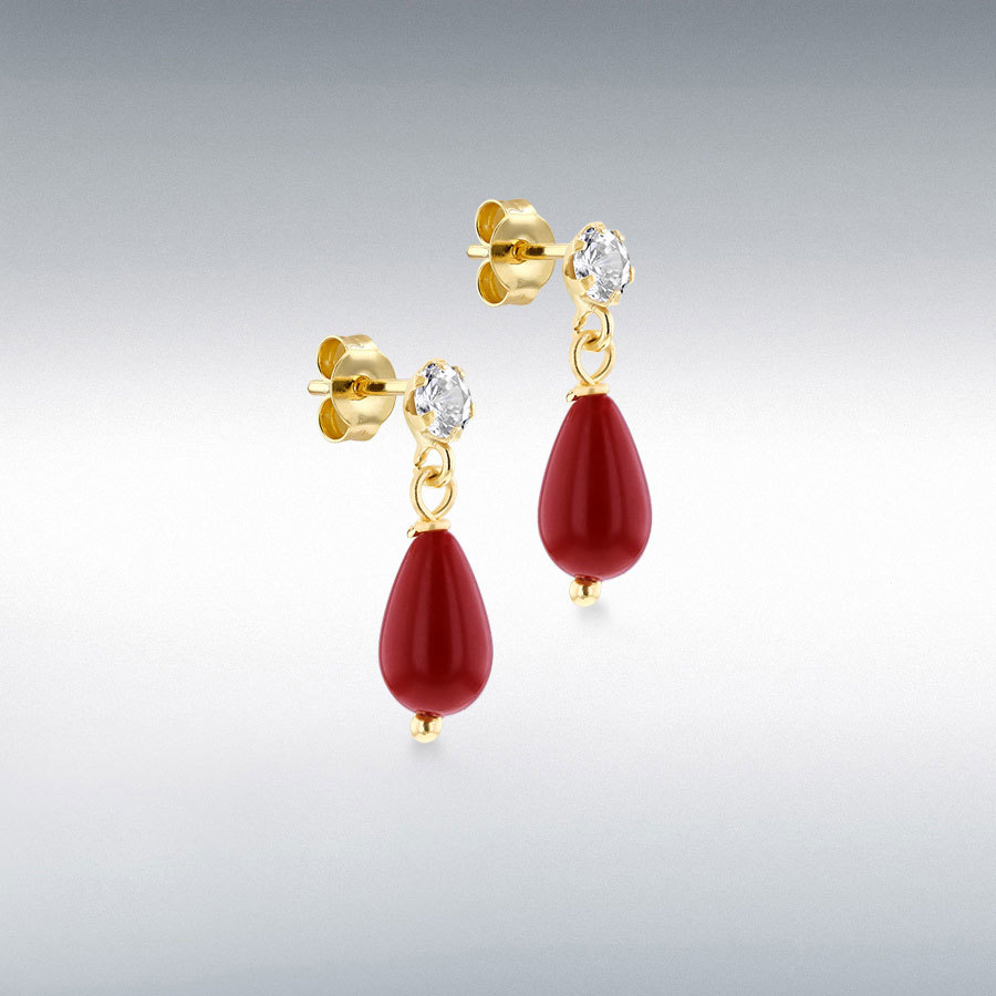9CT Yellow Gold Red Stone with CZ Drop Earrings