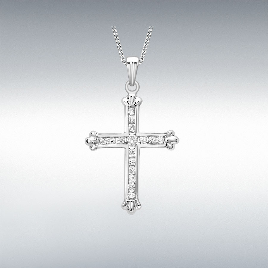 9ct White Gold CZ 15mm x 25mm Cross Pendant