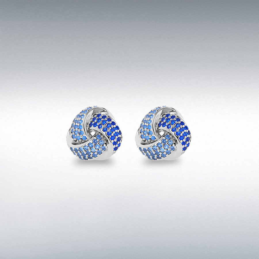 Sterling silver Rhodium Plated 12mm x 12mm with Multi Coloured Blue CZ Pave Knot Stud Earring