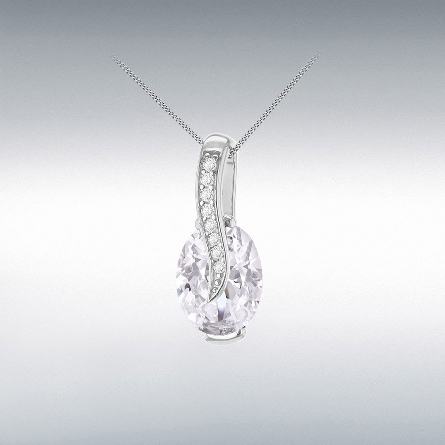 Sterling Silver Rhodium Plated (9mm x 7mm) White Oval CZ with White Round CZs Crossover Pendant