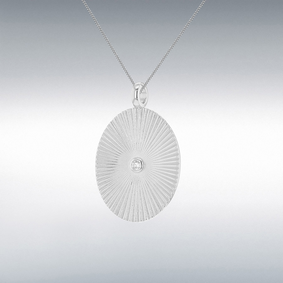 Sterling Silver Rhodium Plated CZ 20mm x 30mm Oval Sunray Disc Pendant