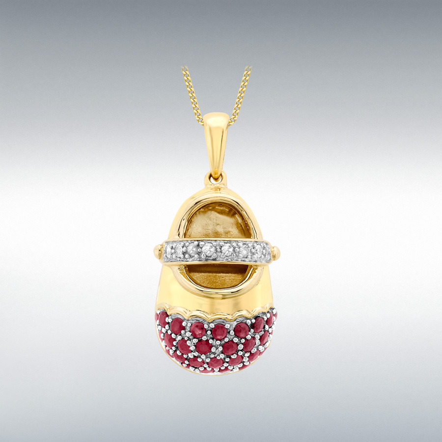 9ct Yellow Gold 0.06ct Diamond and Ruby 12mm x 26mm Baby Shoe Pendant