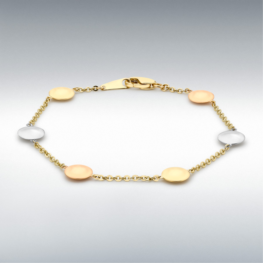 9ct 3-Colour Gold 8mm Disc Link Bracelet 19cm/7.5"